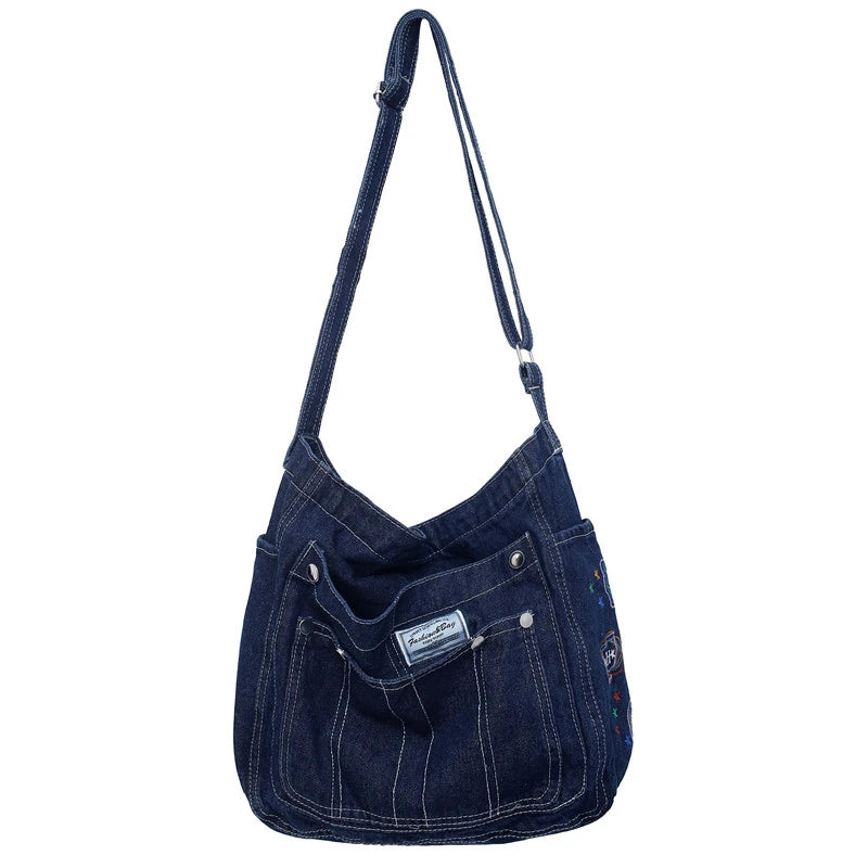 Denim Shoulder Bag Canvas Embroidery Tote Large Capacity Leisure Travel Bag