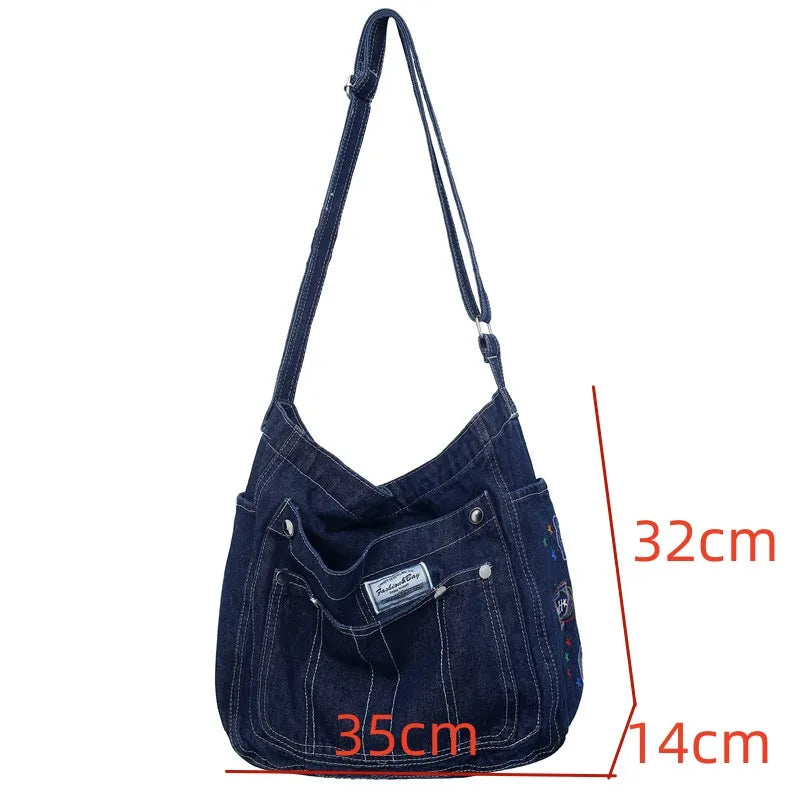 Denim Shoulder Bag Canvas Embroidery Tote Large Capacity Leisure Travel Bag