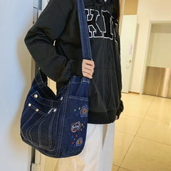 Denim Shoulder Bag Canvas Embroidery Tote Large Capacity Leisure Travel Bag