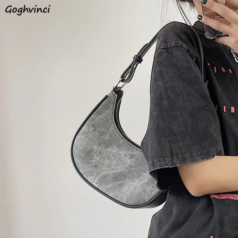 Denim Shoulder Bags Women Underarm Half Moon Streetwear Handbag