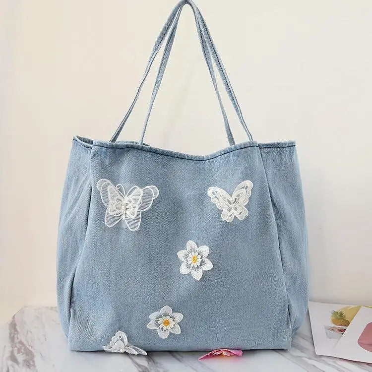 Women's Denim Shoulder Bag Flower Embroidery Vintage Large Capacity