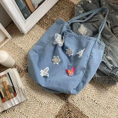 Women's Denim Shoulder Bag Flower Embroidery Vintage Large Capacity