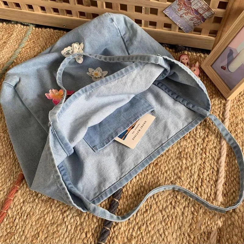 Women's Denim Shoulder Bag Flower Embroidery Vintage Large Capacity