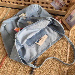Women's Denim Shoulder Bag Flower Embroidery Vintage Large Capacity