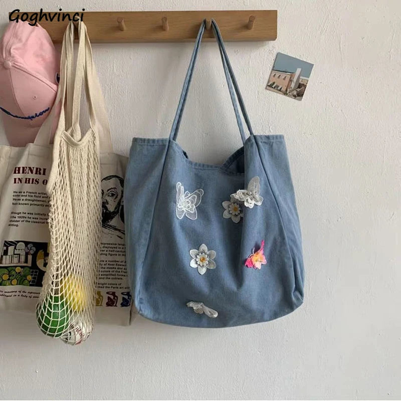 Women's Denim Shoulder Bag Flower Embroidery Vintage Large Capacity