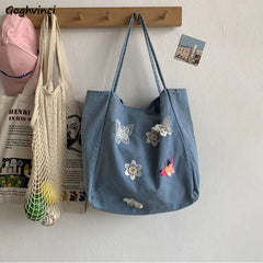 Women's Denim Shoulder Bag Flower Embroidery Vintage Large Capacity