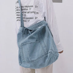 Denim Slouch Bag Casual Handbag Japanese Messenger Top-Handle Bag, Sky