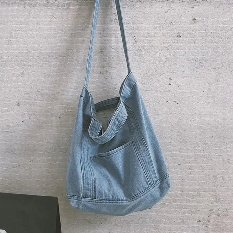 Denim Slouch Bag Casual Handbag Japanese Messenger Top-Handle Bag, Sky