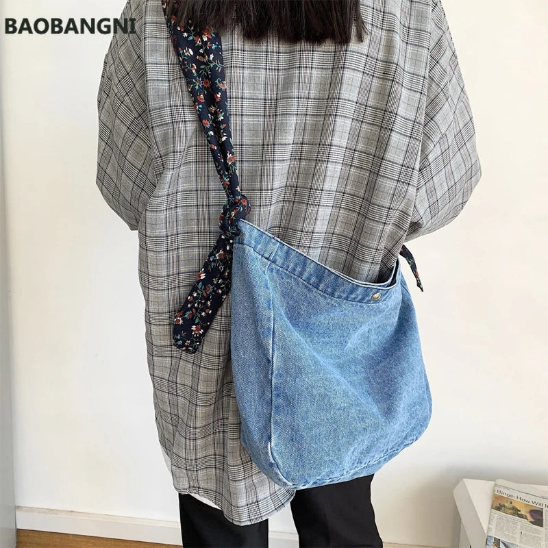 Denim Tote Bag Broken Flower Strap Jean Bag Girl Casual Handbags