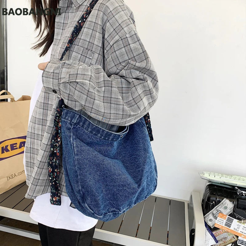 Denim Tote Bag Broken Flower Strap Jean Bag Girl Casual Handbags