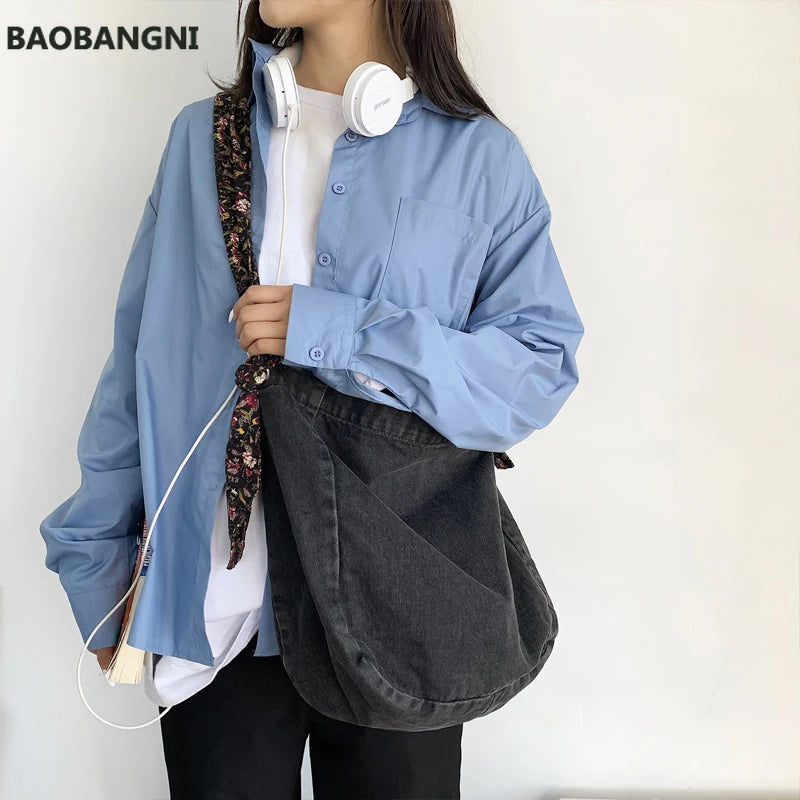Denim Tote Bag Broken Flower Strap Jean Bag Girl Casual Handbags