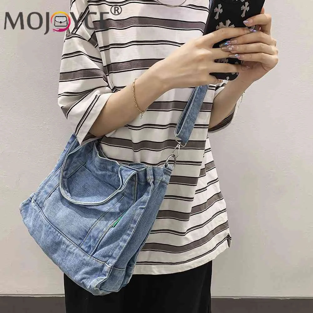 Denim Women Messenger Bag Large Capacity Adjustable Strap Multi-Pockets