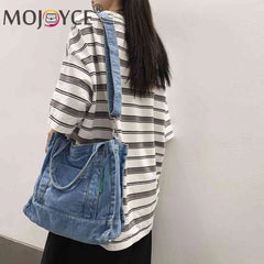 Denim Women Messenger Bag Large Capacity Adjustable Strap Multi-Pockets
