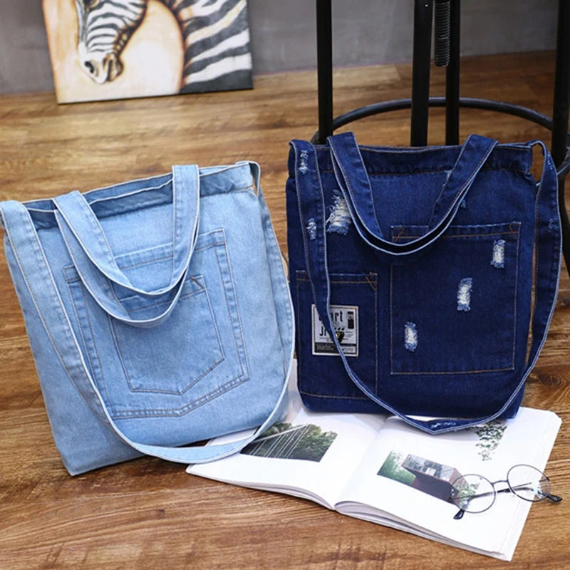 Ripped Shoulder Bag High-Capacity Denim Shopping Bag