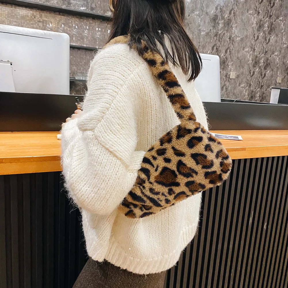 Leopard Shoulder Bag Winter Furry Ladies Clutch Purse Handbag Tote Bags