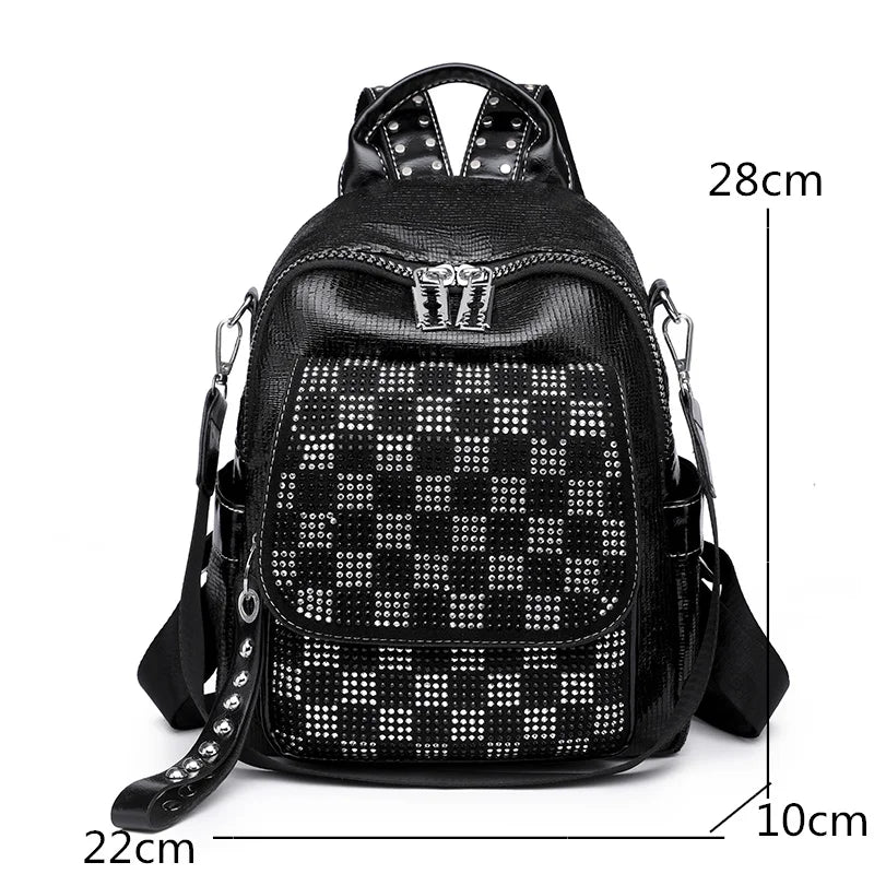 High Lattice Rivet Leather Backpack Large Capacity School Bags for Girls