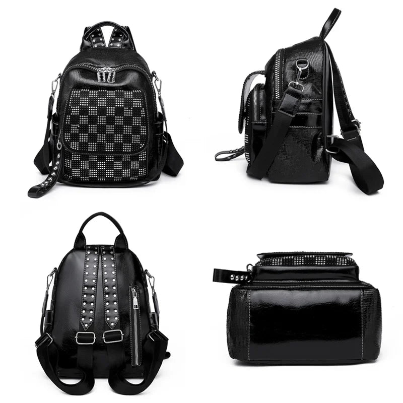 High Lattice Rivet Leather Backpack Large Capacity School Bags for Girls