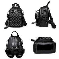 High Lattice Rivet Leather Backpack Large Capacity School Bags for Girls