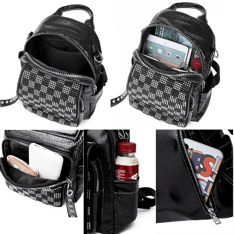 High Lattice Rivet Leather Backpack Large Capacity School Bags for Girls