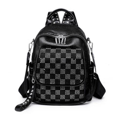 High Lattice Rivet Leather Backpack Large Capacity School Bags for Girls