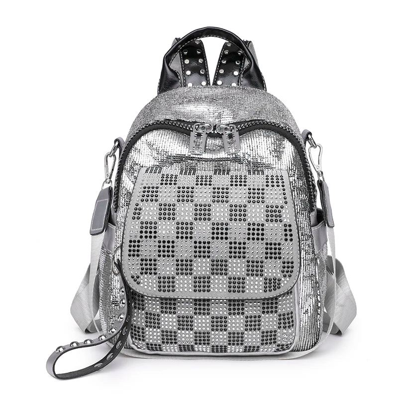 High Lattice Rivet Leather Backpack Large Capacity School Bags for Girls
