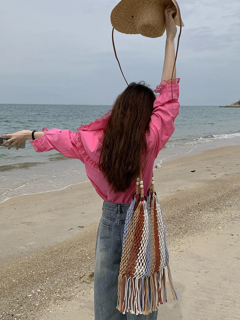Braided Crochet Net Bag Women Casual Woven Beach Tote Handbag