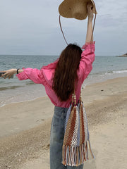 Braided Crochet Net Bag Women Casual Woven Beach Tote Handbag