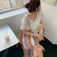Braided Crochet Net Bag Casual Woven Beach Bucket Tote Handbag