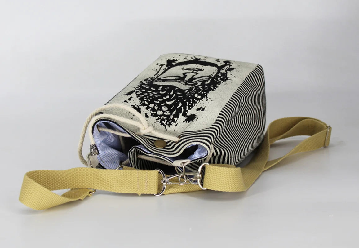Canvas Buddha Print Bucket Bag Cross Body Shoulder Hand Bag