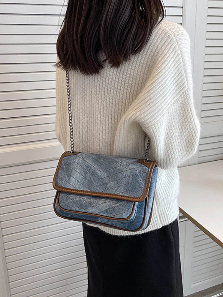 Contrast Denim Crossbody Bag for Women