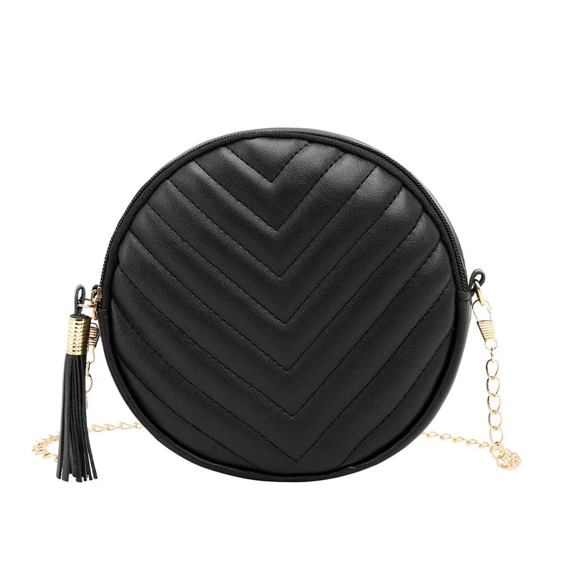Round Leather Crossbody Bag with Tassel - Women's Shoulder Handbag