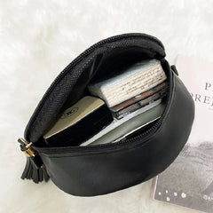 Round Leather Crossbody Bag with Tassel - Women's Shoulder Handbag