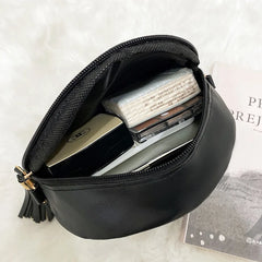 Round Leather Crossbody Bag with Tassel