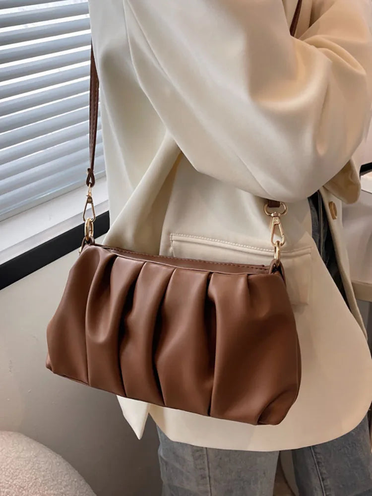 Fold Women's Bag Pu Leather Solid Underarm Shoulder Bags Handbag Female Tote