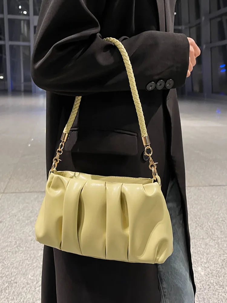 Fold Women's Bag Pu Leather Solid Underarm Shoulder Bags Handbag Female Tote
