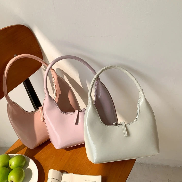 Small Hobo Shoulder Bag Glossy PU Leather Purse Lady Casual Travel Clutch