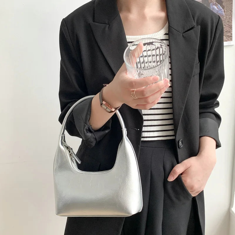 Small Hobo Shoulder Bag Glossy PU Leather Purse Lady Casual Travel Clutch