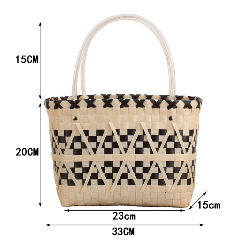 Hand Woven Shopping Basket Plaid Beach Tote Female