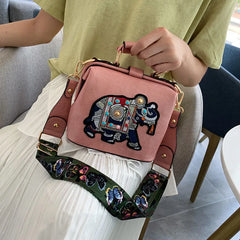 Elephant Embroidered Crossbody Bag for Women Leather Handbag Messenger Purse
