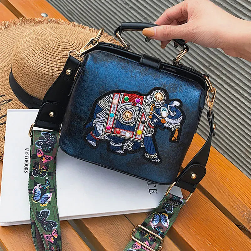 Elephant Embroidered Crossbody Bag for Women Leather Handbag Messenger Purse