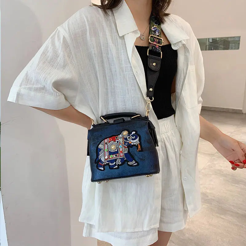 Elephant Embroidered Crossbody Bag for Women Leather Handbag Messenger Purse