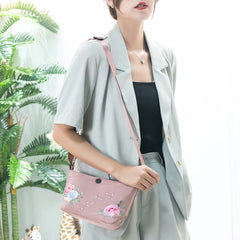 Peony Embroidered Mini Crossbody Bag for Women Nylon Messenger Handbag