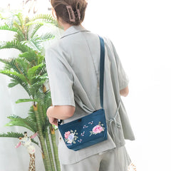 Peony Embroidered Mini Crossbody Bag for Women Nylon Messenger Handbag