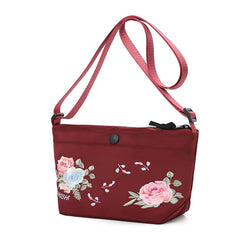 Peony Embroidered Mini Crossbody Bag for Women Nylon Messenger Handbag