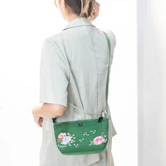Peony Embroidered Mini Crossbody Bag for Women Nylon Messenger Handbag