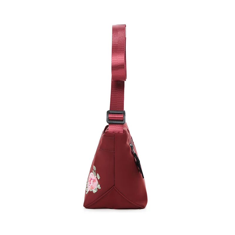 Peony Embroidered Mini Crossbody Bag for Women Nylon Messenger Handbag