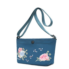 Peony Embroidered Mini Crossbody Bag for Women Nylon Messenger Handbag