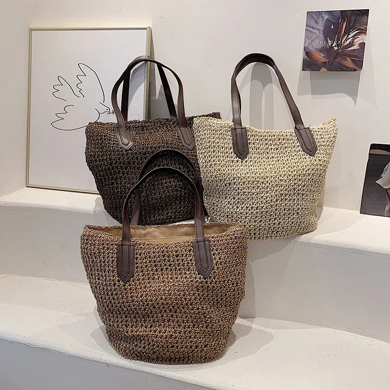 Straw Bag Woman Hand Woven Shoulder Bag Casual Beach Tote Bag