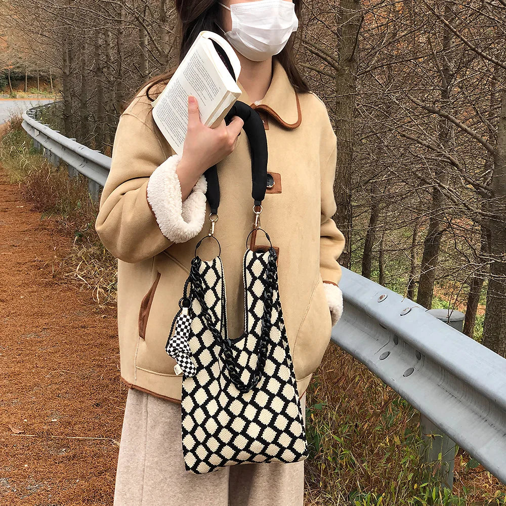 Plaid Knitting Women Shoulder Bag Hollow Out Shpping Bag Female Handbag