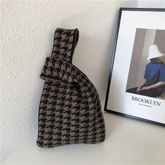 Plaid Knitting Women Shoulder Bag Hollow Out Tote Ladies Female Woven Shopper Pu